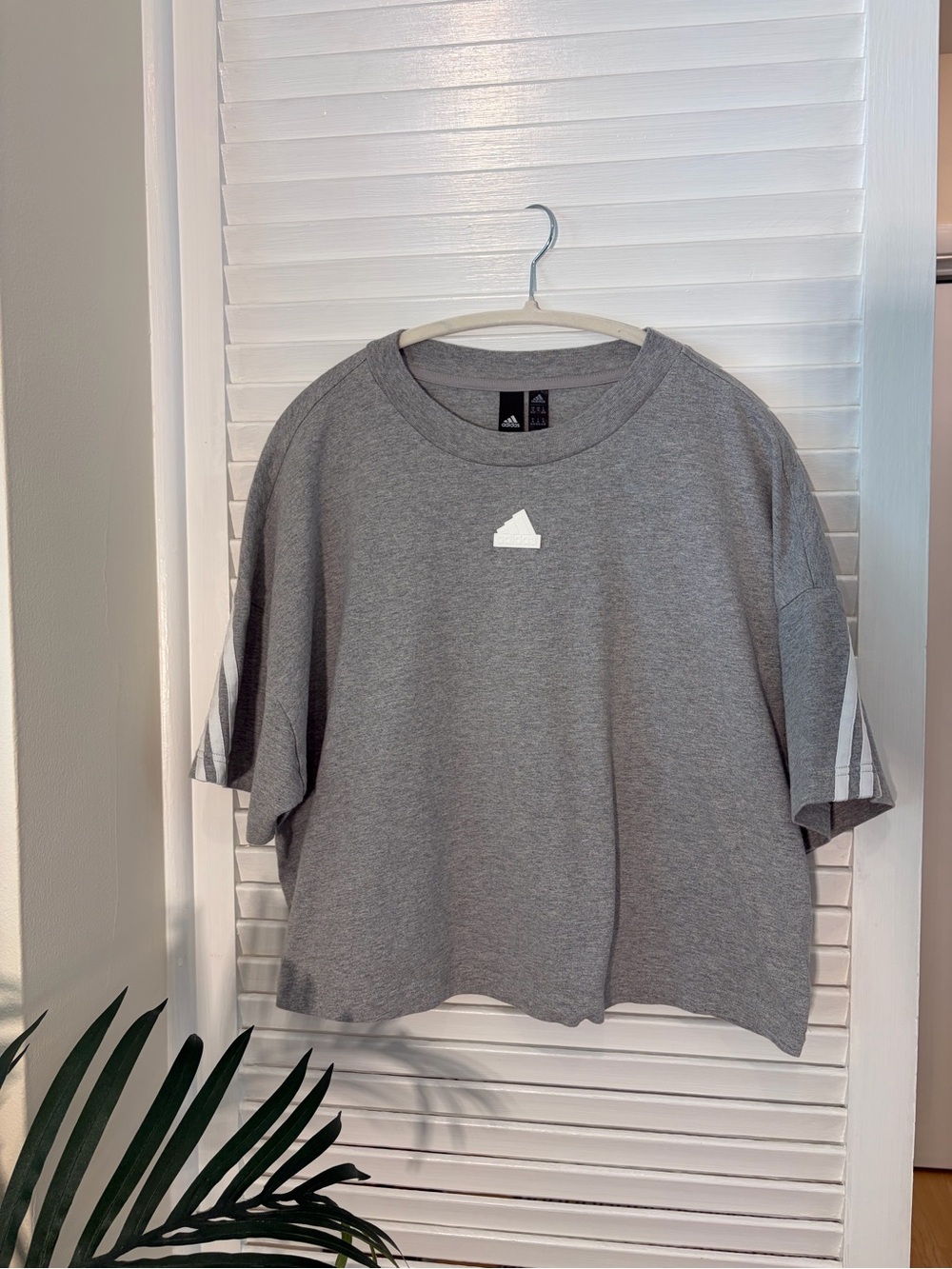 Cool Adidas Grey Short-Sleeve Cropped Tee with Three Stripes on back